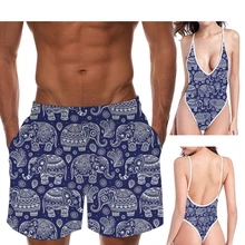 INSTANTARTS Ретро животных Слон шаблон любителей Синий Купальники для женщин Лето один Oiece купальники для мужчин Спорт Серфинг Пляжные шорты