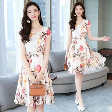 Женский корейский ретро большой размер Boho пляжное праздничное платье лето цветочный шифон платье элегантный тонкий сексуальное вечернее платье с короткими рукавами