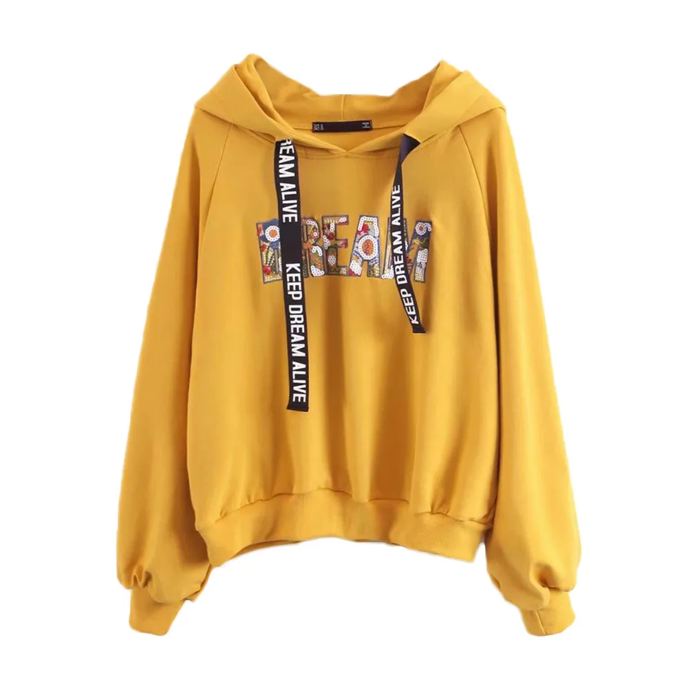 Пуловер Для женщин с длинным рукавом Зимний Перемычка Для женщин Письмо накачки реглан с капюшоном желтый свитер #4S26