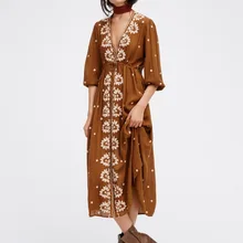 Богемное длинное платье с вышивкой женское хлопковое шикарное Бохо свободное стильное платье с v-образным вырезом тонкое свободное осеннее платье для отдыха халаты