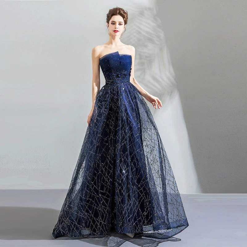 

Shiny Navy Blue Prom Dress 2019 Tulle Long Elegant Party Dresses Strapless Sleeveless Evening Gown Red Carpet Robe De Soiree