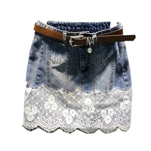 Европейская станция джинсовая юбка женская новая весенняя и летняя простроченная сетчатая стандартная юбка H309