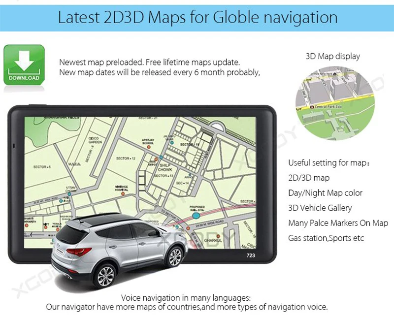 XGODY 723 " Навигатор Автомобильный грузовик gps навигация Bluetooth 256M 8GB Sat Nav камера заднего вида EU Россия Navitel карта