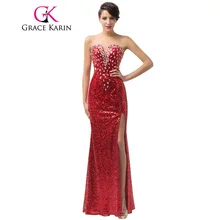 Luxury Grace Karin Long Formal Evening Dresses Crystal Sequin Pongee Split Red Elegant Evening Gowns Sexy Party Dress CL6102