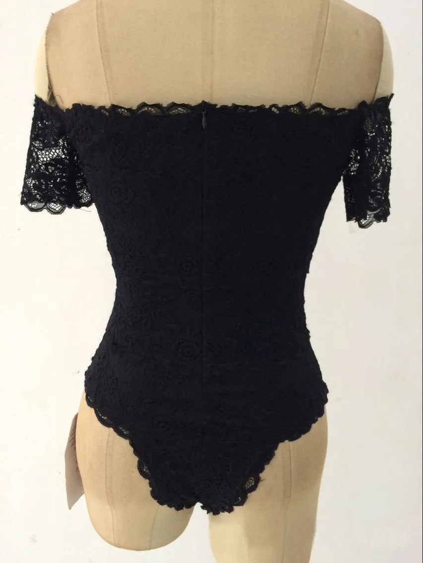 Elegant Bodysuit Tops For Womens Summer Short Sleeve Black Lace Off Shoulder Sexy Bodycon Playsuits Jumpsuits Rompers C2801
