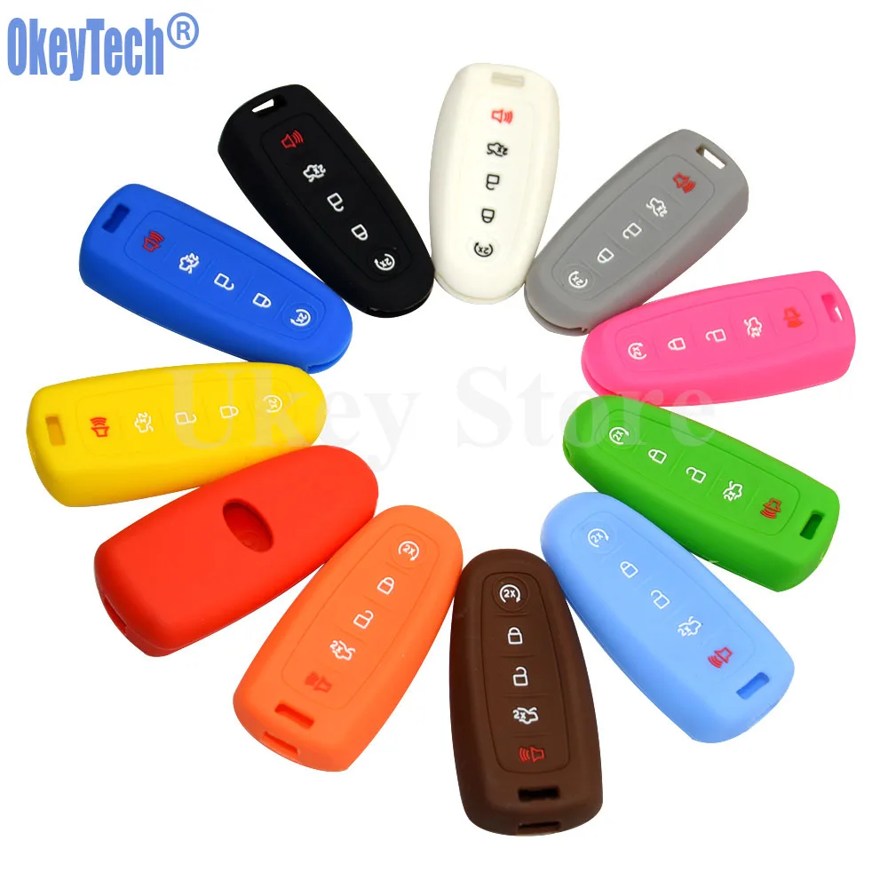 OkeyTech 5 Buttons Silicone Car Keyless Fob Cover for 2013 2014 2015 FORD EDGE ESCAPE FOCUS TAURUS FLEX EXPLORER Remote Holder
