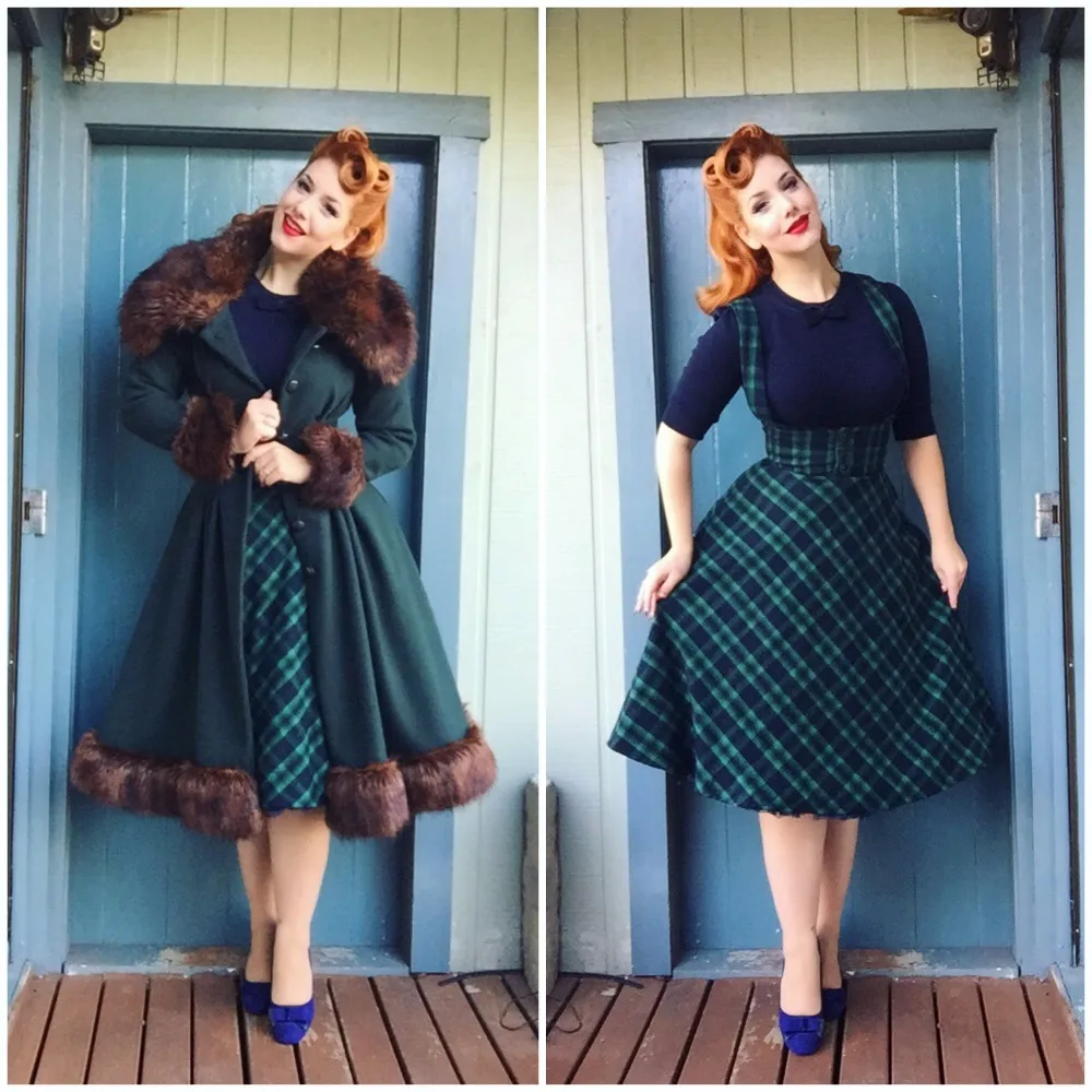 

20- winter women vintage 50s swing midi brace skirt in green tartan pinup suspender skirts plus size retro rockabilly faldas