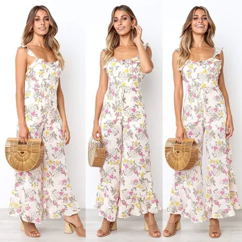 

Women Jumpsuits Sleeveless Floral Bodysuit Summer Rompers Wide Leg Trousers Woman O-Neck Casual Beachwear Outfits