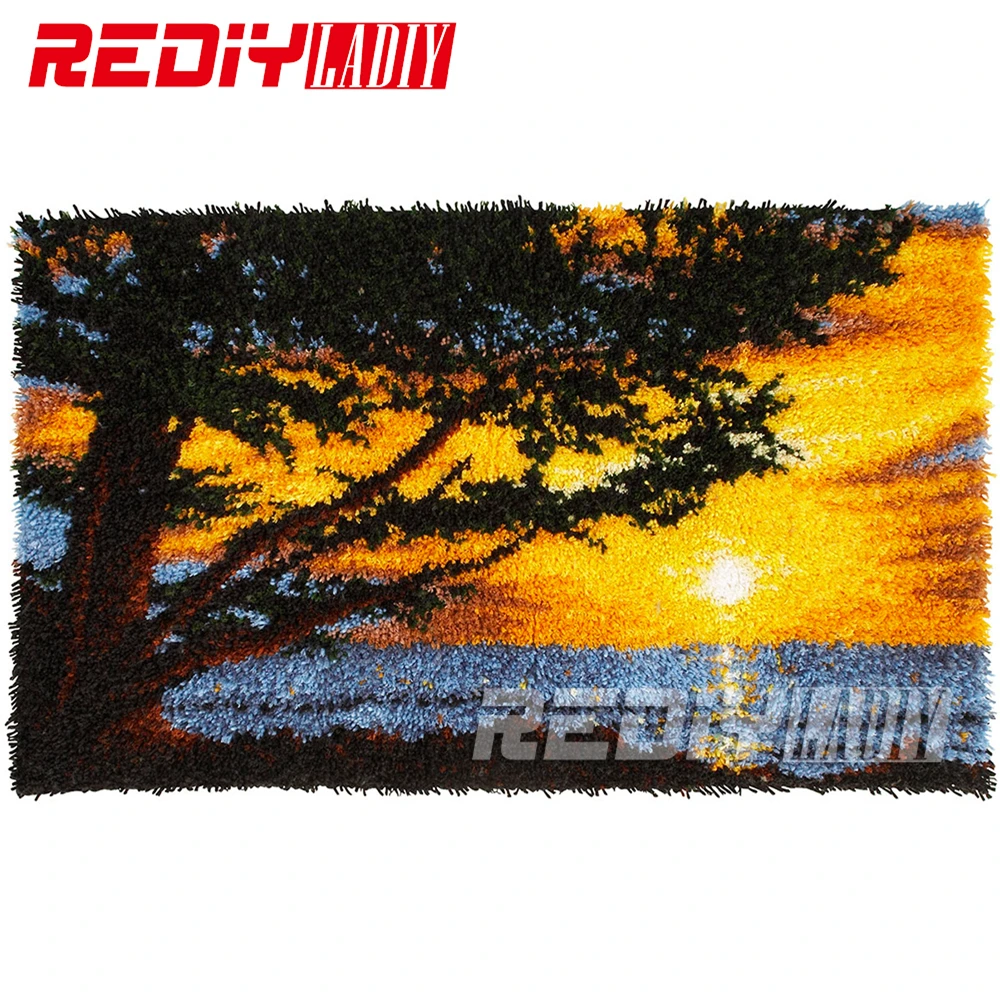 Kit de alfombra de gancho de bricolaje, juego de almohadones de hilo de ganchillo sin terminar, juego de almohadones para bordar la alfombra, paisaje africano, puesta de sol