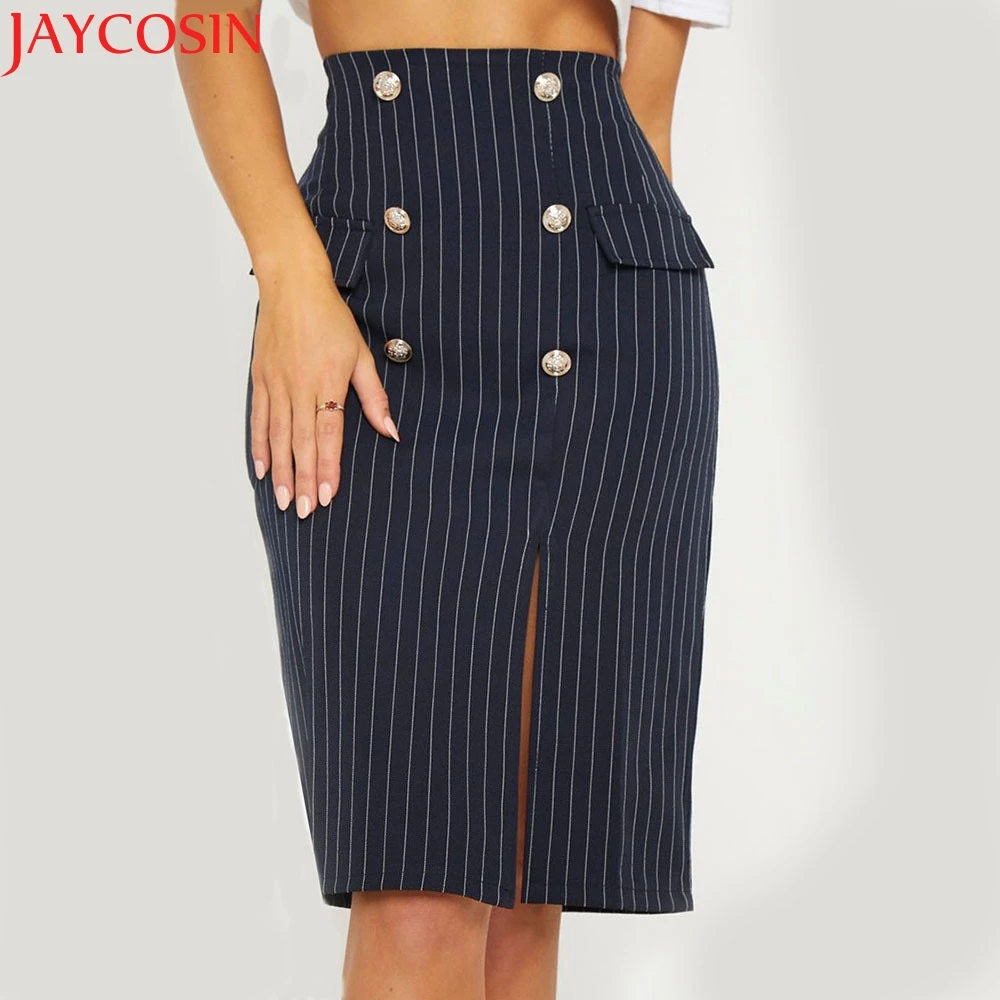 KLV Women skirts women Zipper Stripe Female Button Side Split Party