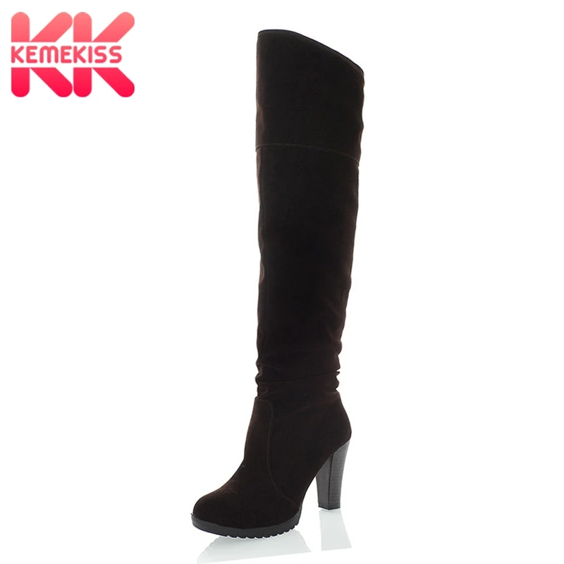 

KemeKiss Woman High Heel Boots Round Toe Fur Women Knee Boots Elegant Mature Woman Long Boots Winter Footwear Size 34-41