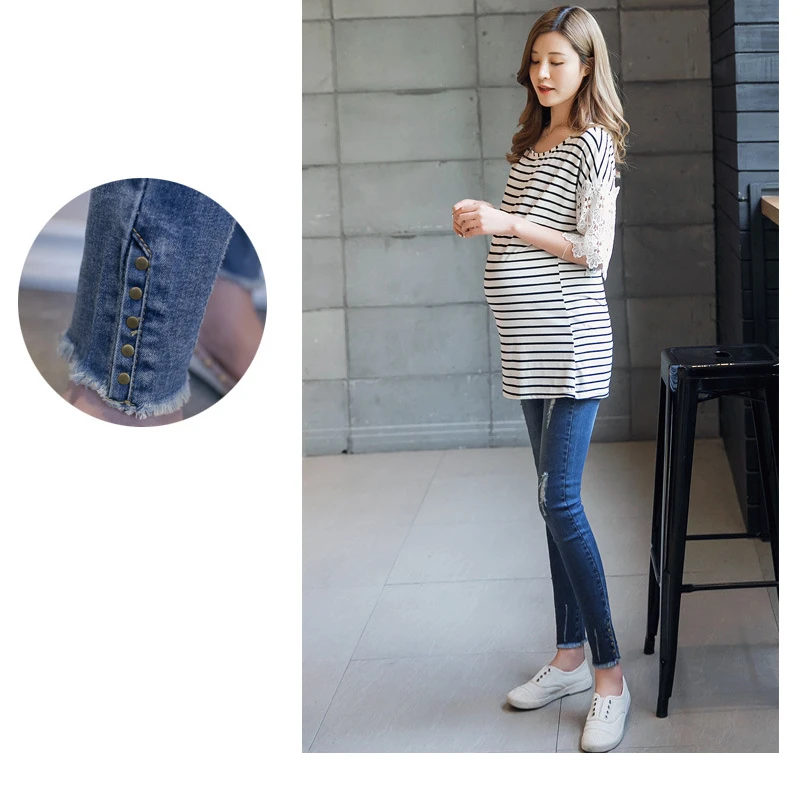 Весенне-осенние рваные джинсовые Леггинсы для беременных женщин; повседневные джинсовые штаны с заклепками для мам и мам; большие размеры 48; брюки