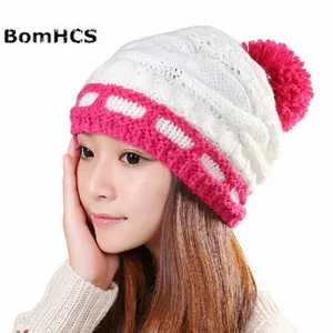 BomHCS Acrylic Simple Women Handmade Knitted Beanie Hat Winter Autumn Thick Warm Crochet Cute Hats Cap