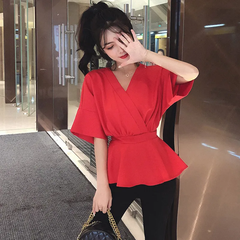 

Elegant Chiffon Womens Tops And Blouses Short Sleeve Deep V Neck Sexy Loose Clothes Lady 2019 Summer Fashion Korean Shirts W566