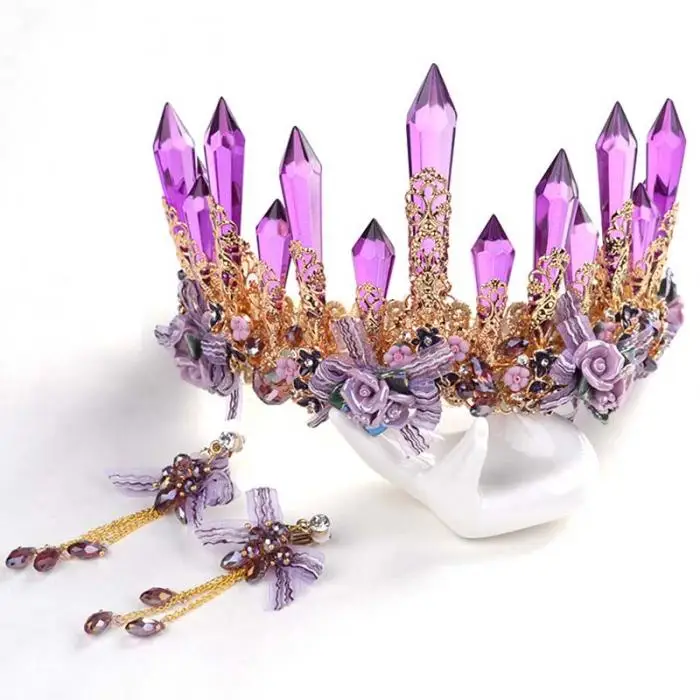 Барокко Фиолетовый Красный Кристалл Noiva принцесса диадема колонна цветок невесты тиары и короны ювелирные изделия Свадебные аксессуары для волос VL