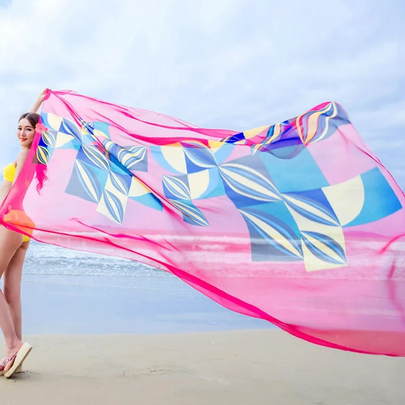 Summer Women Beach Sarongs Chiffon Scarves Geometrical Design Swimsuit Cover Up Dress Plus Size pareos de