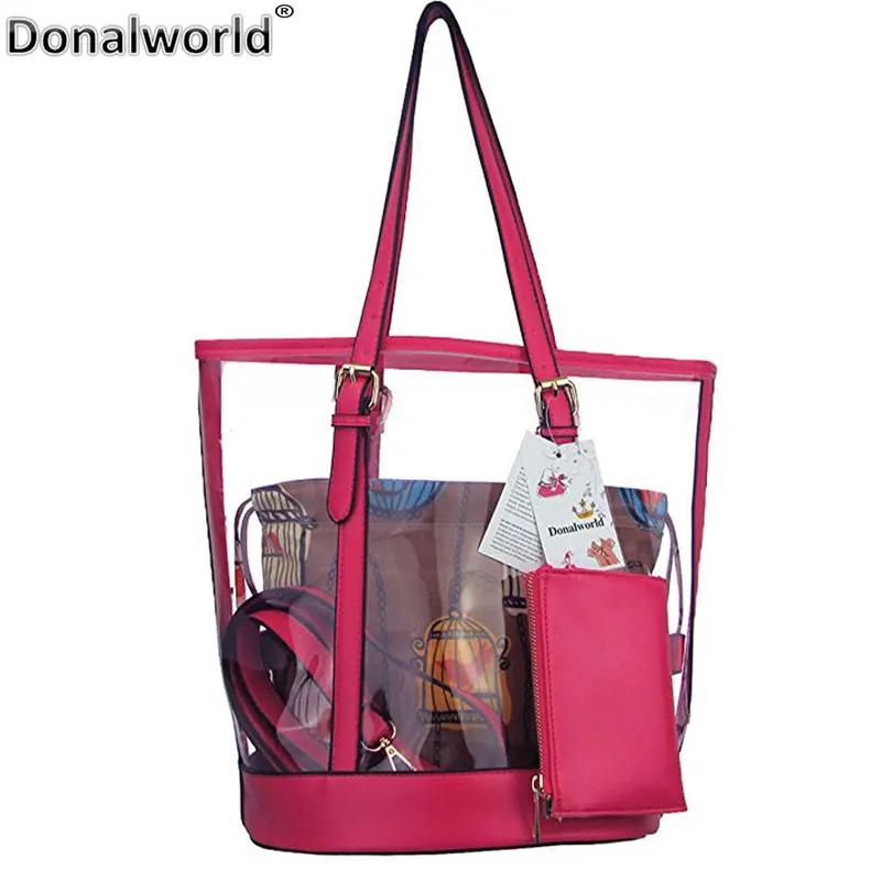 

Donalworld Women Casual Clear Floral Shoulder Bags Transparent Top Handle Bags Large Totes Handbags Chains Three Pieces Purses