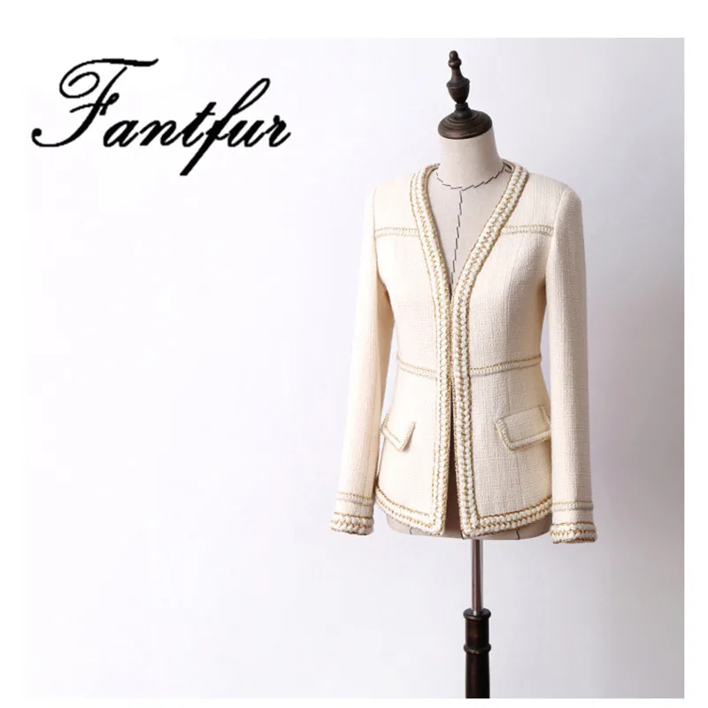 Handmade Haute Couture 2018 Runway Designer Luxury Blazer Suits V Neck Gold Edge Wool Tweed Short Coat Beige | Женская одежда