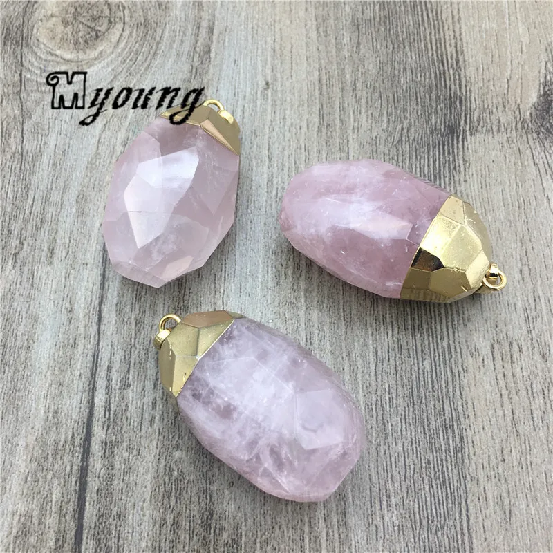 Colgante de cristal de cuarzo rosa facetado, colgante de collar de revestimiento de Color dorado, drusa de cuarzo rosa, fabricación de joyas MY2065