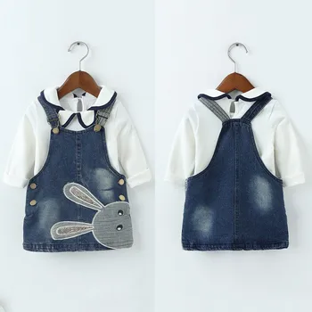 

2 PCS/Set Spring/Autumn Baby Girls Denim Dress Embroidered Sling Children Clothing Sets Lace T shirts+Jeans Dress Set