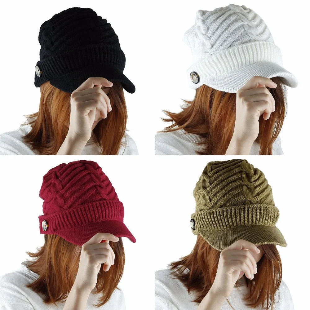 Womens Winter Warm Knitted Beanie Hat,Ski Cap with Visorin Women's