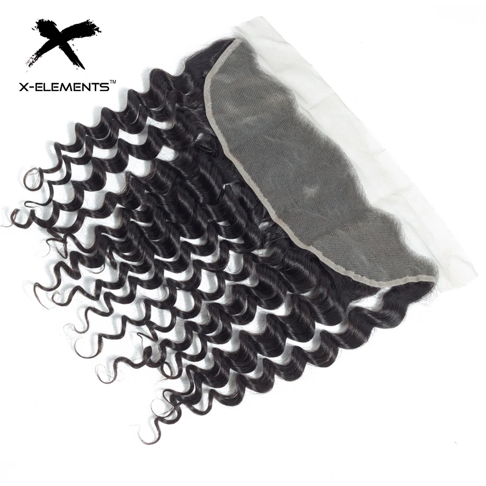 X-Elements Brazilian Deep Wave Frontal 100% Human Hair 13x4 Lace Frontal Deep Wave Non-Remy Natural Color Hand Tied Lace Frontal