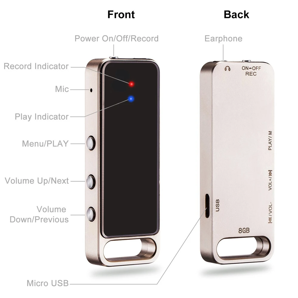 Digital Voice Recorder by Lgsixe 8GB Audio Recorder with MP3 Player - Mini USB Sound Recorder Dictaphone