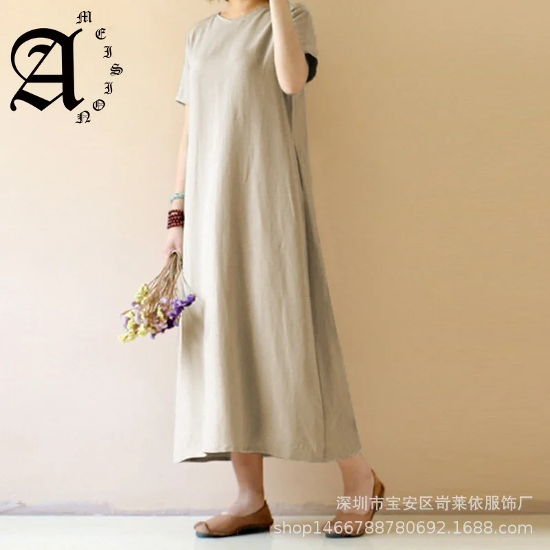 

Ameision Women Vintage Linen Dress 2019 Summer Shirt Dresses Short Sleeve Casual Loose Party Beach Maxi Long Vestidos Hot Sale