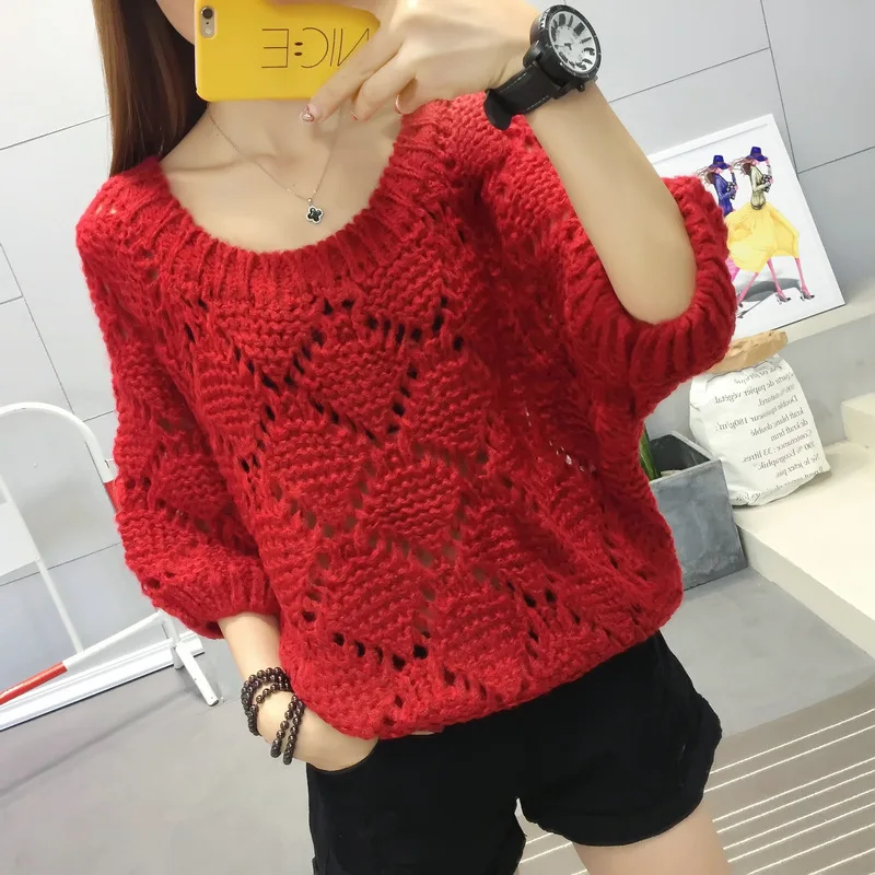 

Women's sweater 2019 autumn new women's loose round neck hollow bat sleeve sweater fashion mohair pullover