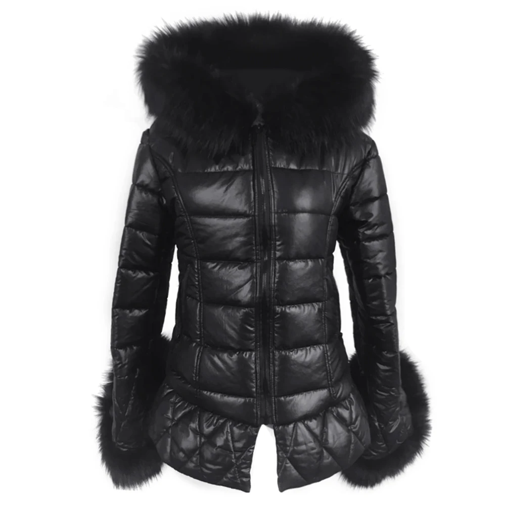 Faux Fur Leather Long Down Parkas Women Warm Winter Coat