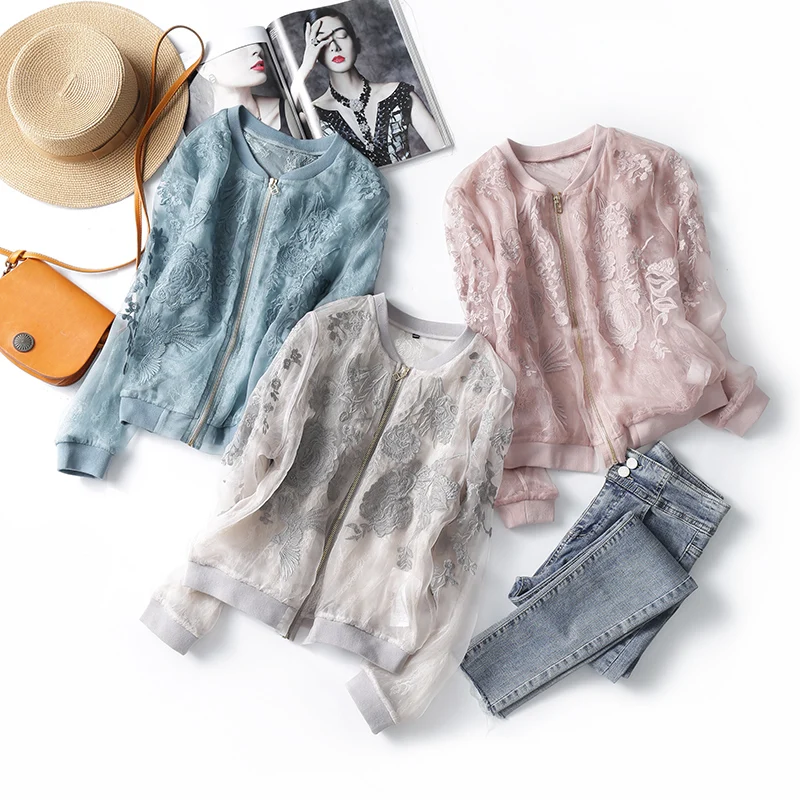 discounted 100% Silk Organza Jacket Women Sunscreen Clothing Embroidery Lightweight Fabric Long Sleeve 3 Color