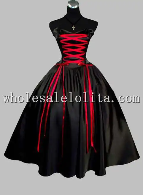 В готическом стиле без рукавов атласный со шнуровкой в викторианском стиле платье для выступлений на сцене - Цвет: Черный