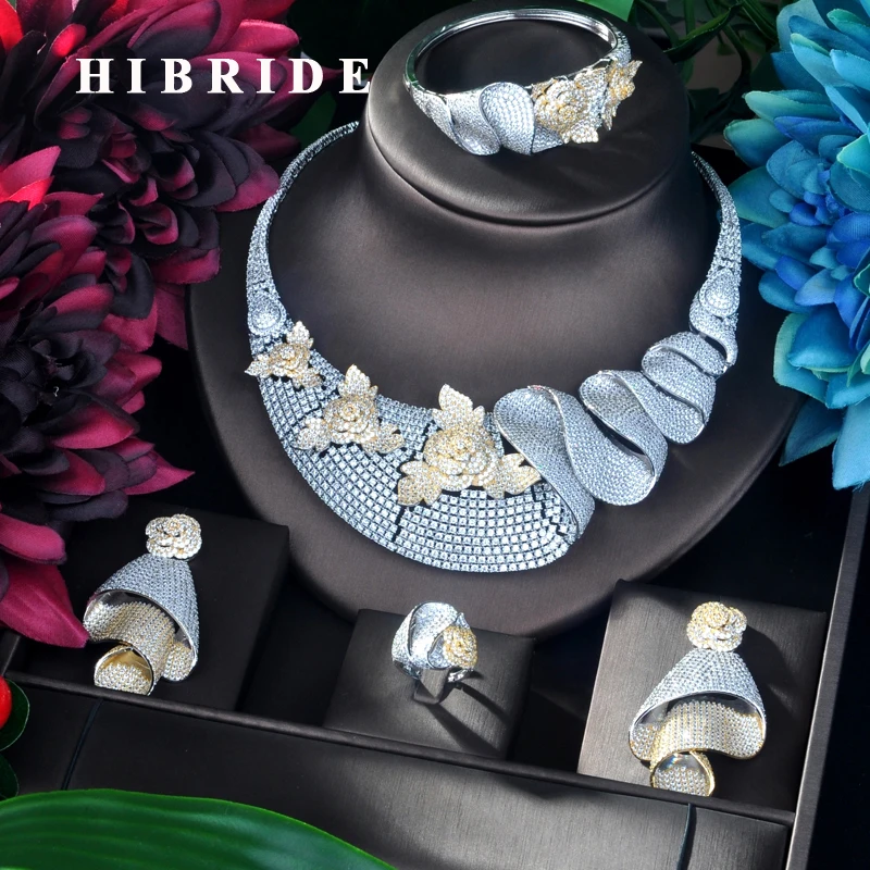 

HIBRIDE Fashion Big 4 pcs Flower Pendant Luxury Women Jewelry Set For Bridal Party Accessories Jewelry Party Gifts N-916