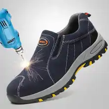 Мужские дышащие рабочие ботинки из коровьей замши с стальным носком, большие размеры Мужская противоскользящая прокалывающая защитная обувь