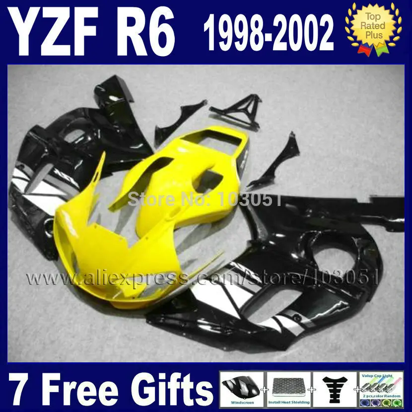 Custom Road motorcycle fairing for YAMAHA YZFR6 1998 1999 YZF600 02 00 99 98 yellow black YZF R6  2000 2001 2002 fairings 7gift