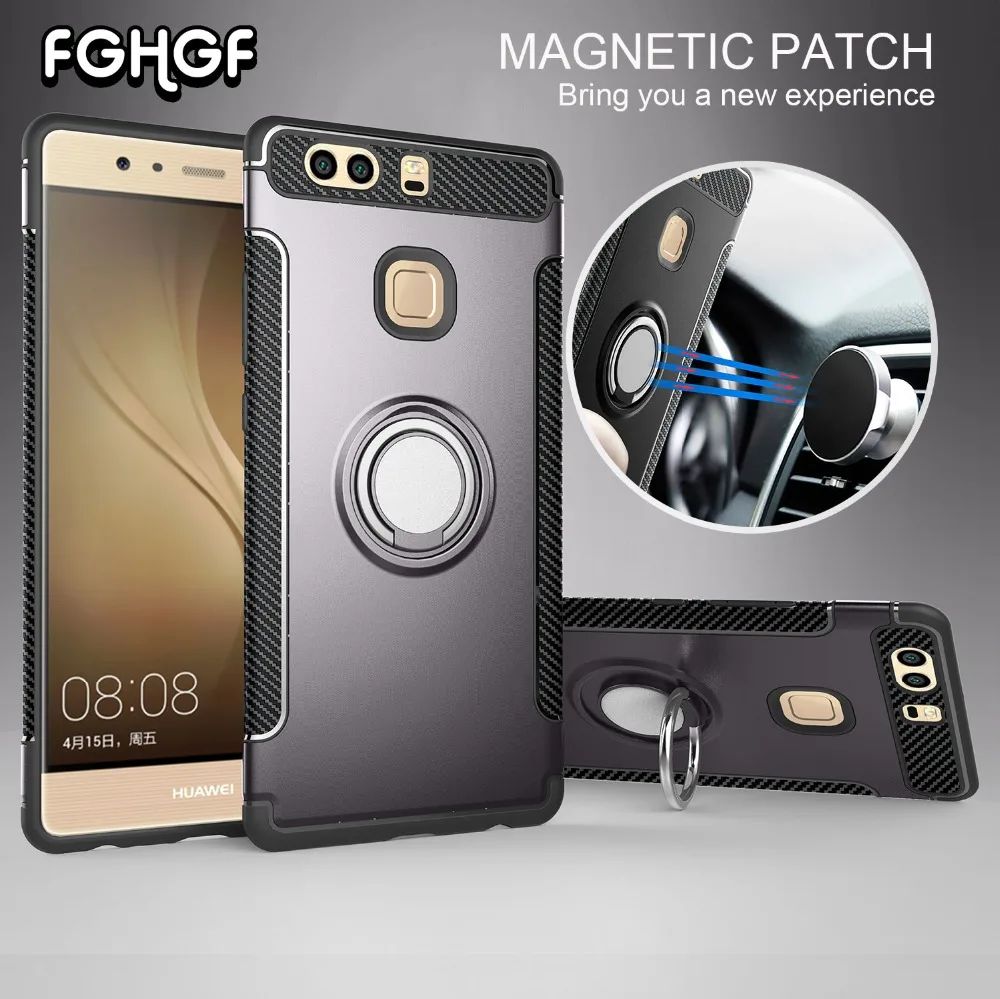 

FGHGF Luxury Phone Case For Huawei P9 Lite Shell Adsorbable Magnetic Ring Armor Back Cover sFor P9 Silicone TPU Shockproof Coque