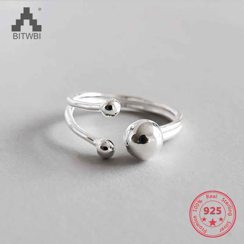 

925 Sterling Silver Handmade Women Cute Asymmetric Balls Finger Rings Simple Opening Ring Fine Jewelry