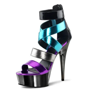 

Fashion Mixed Color Cross Tied Party Dress Shoes Women 15cm Thin High Heel Gladiator Sandals Crystal Heel Platform Shoes