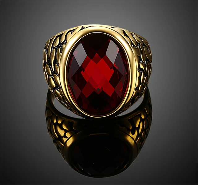 Punk Stainless Steel Red Men Ring gold old Plated Big Red Stone Finger Rings For Men