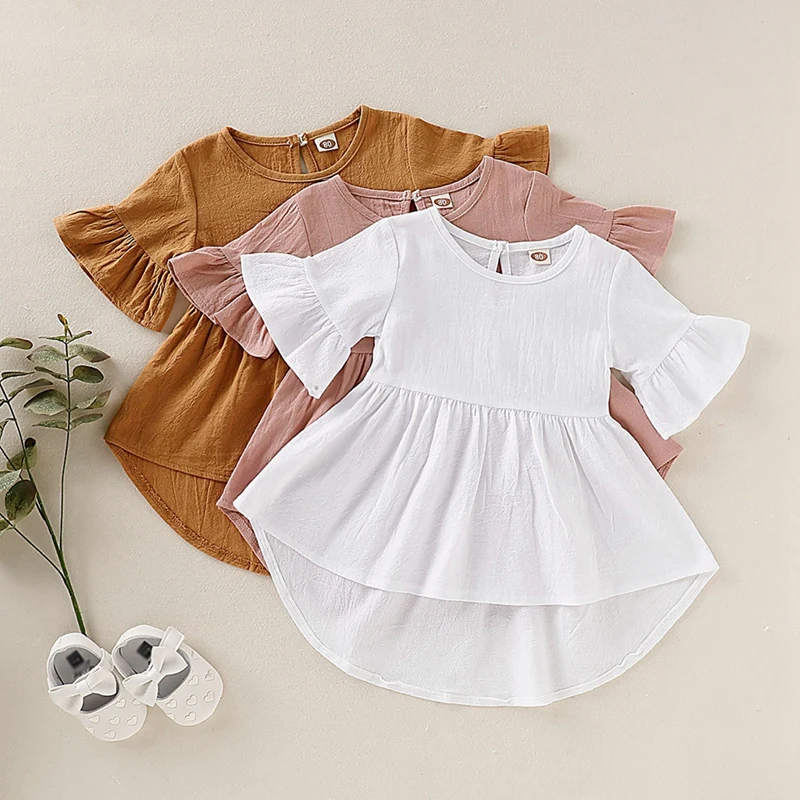 

Simple Fashion Summer Casual Baby Girls Irregular Design Dress Cotton Kids Flare Sleeve Dresses Sundress Outfits