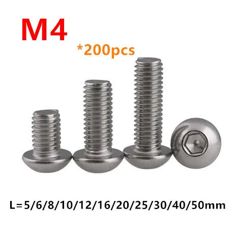 Soquete de Parafusos Hexagonal Iso7380 Parafusos de Cabeça de Botão m4 10 12 16 18 20 25 30 50 mm Parafusos de Cogumelo Redondos de Aço Inoxidável com 200 Peças