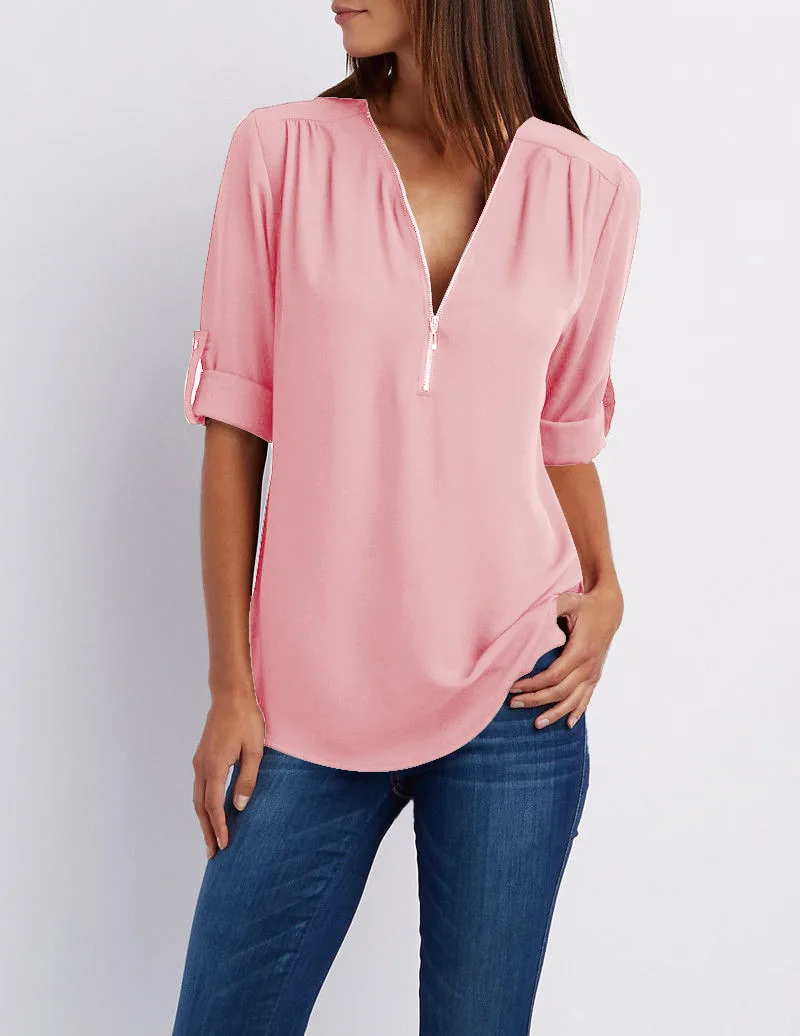 На молнии с короткими рукавами женские рубашки Сексуальная v-образный вырез однотонная женская блузка повседневные футболки топы Женская одежда плюс размер - Цвет: Розовый