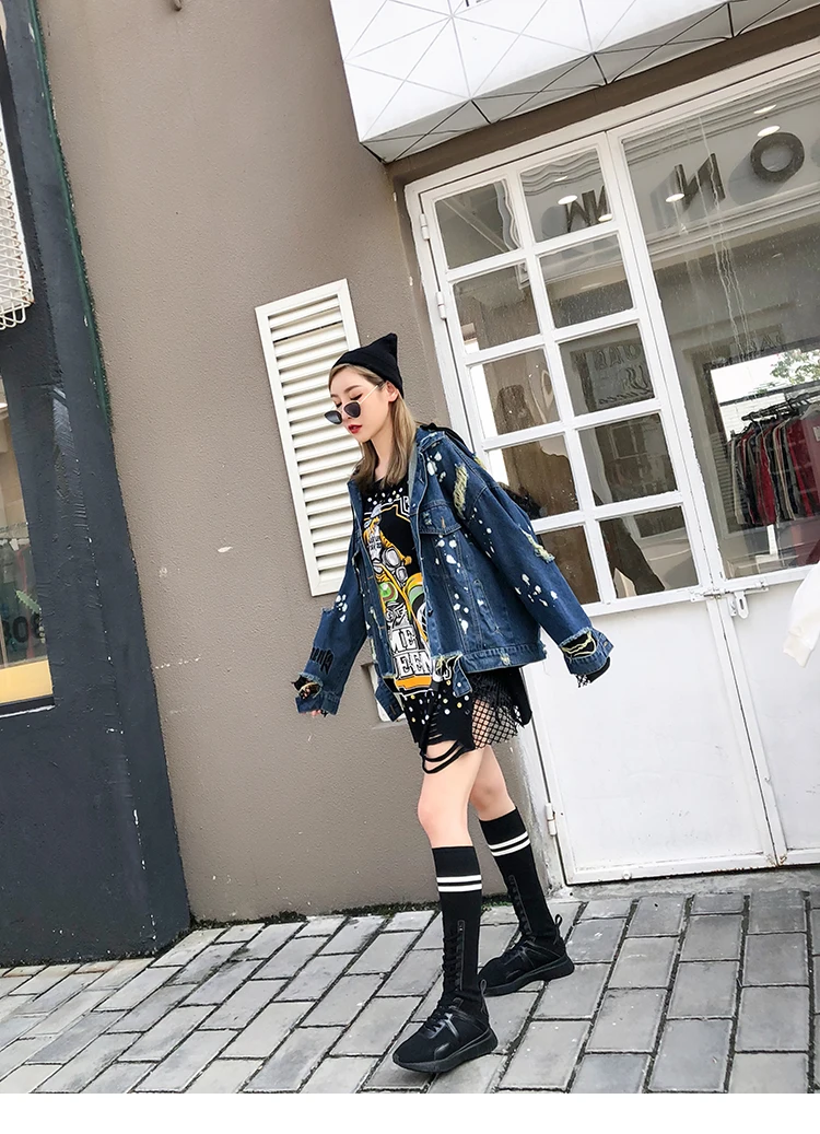 Novo pesado lantejoulas buracos jeans casaco feminino
