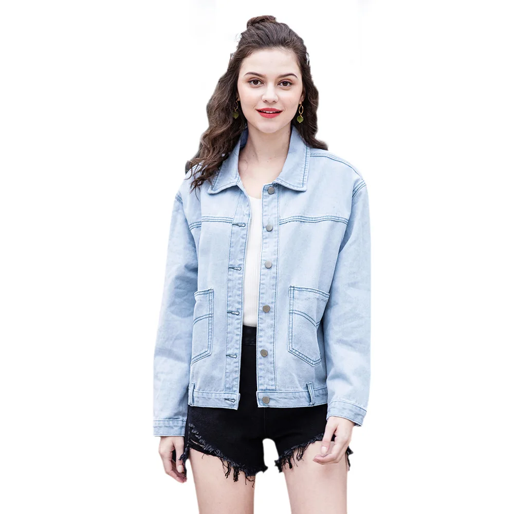 2019 New Women Denim Jacket Washed Light Blue Large Pocket Long Sleeve ...