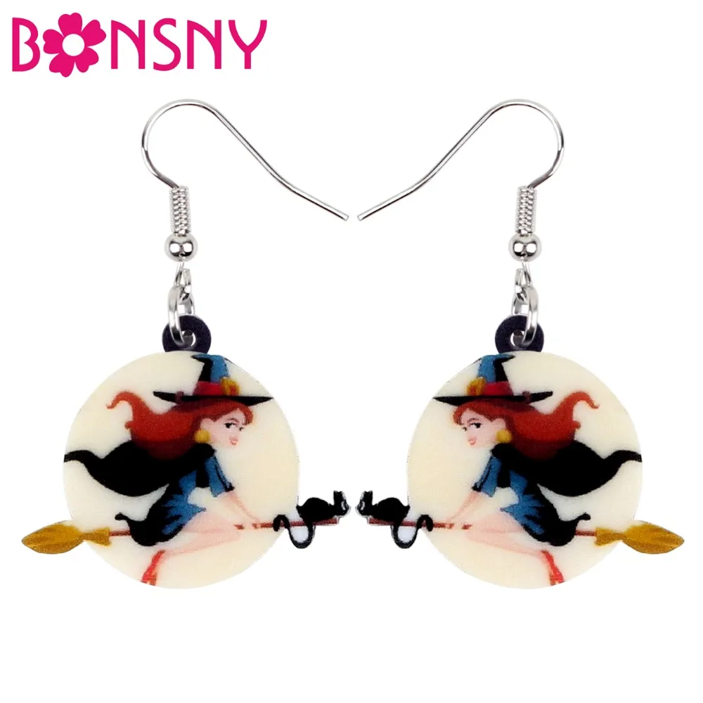 

Bonsny Acrylic Magical Halloween Broomstick Witch Earrings Round Drop Dangle Big Cartoon Fashion Jewelry For Women Girl Kid Gift