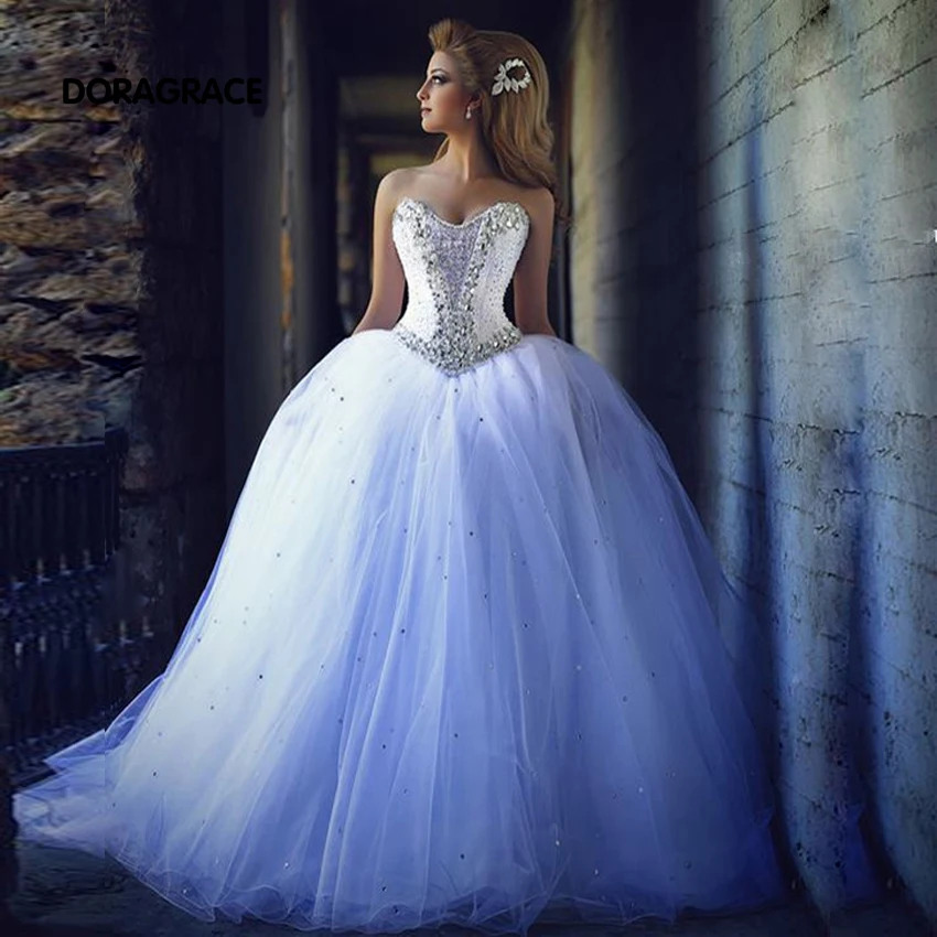 

Custom Made Romantic Strapless Lace-Up Tulle Crystal Beaded Wedding Dresses Princess Bridal Gowns vestido de noiva DG0043