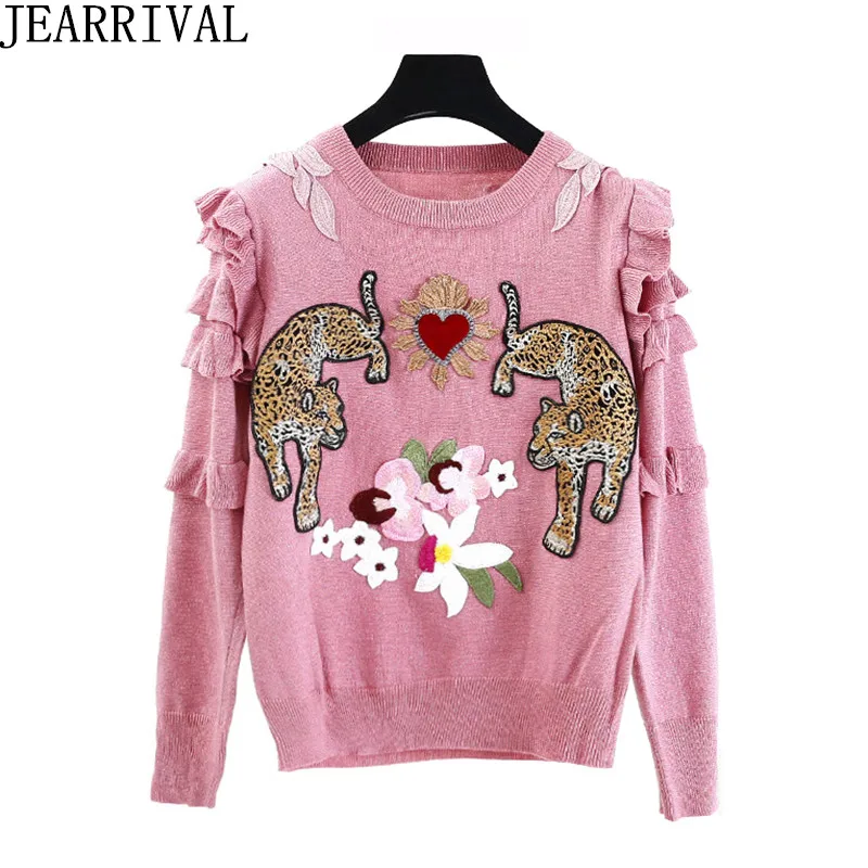 Luxury Embroidery Sweater 2019 Autumn Winter Women's Long Sleeve Flower Animal Heart Ruffles Knitted Pullovers And Sweaters | Женская