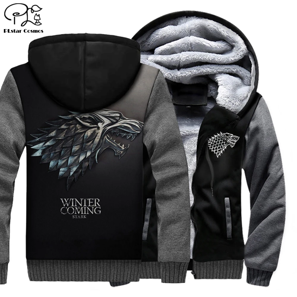 

Polyester cotton plus Velvet thickening Winter 3D Hoodies Men Game of Thrones Print Sweatshirt Cool Pullovers women zip Jackets
