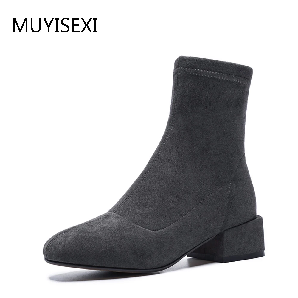 

High Quality Elastic Flock Tube 4 cm Chunky Heel Ankle Boots Zipper Round Toe Autumn Boots For Women Black Gray LT02 MUYISEXI