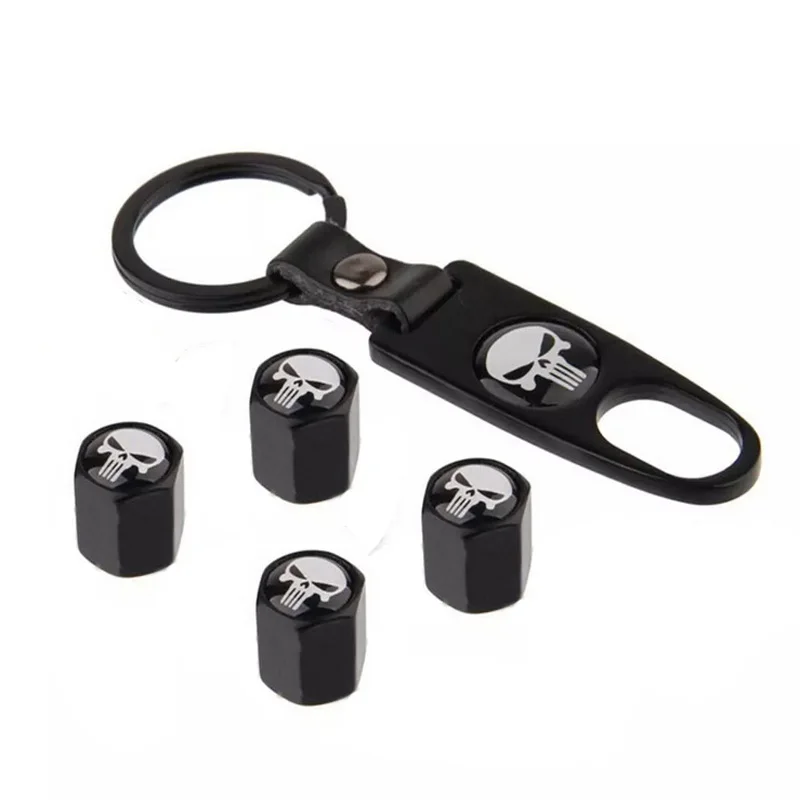 

100% New Brand and High Quality Car Wheel Tyre Tire Stem Air Valve Caps Key Chain Set Skull Punisher Black